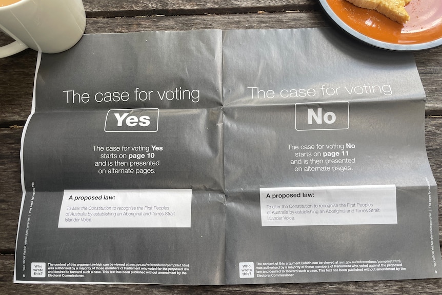 The Voice to Parliament referendum booklet opened to the pages outlining how the Yes and No arguments will appear