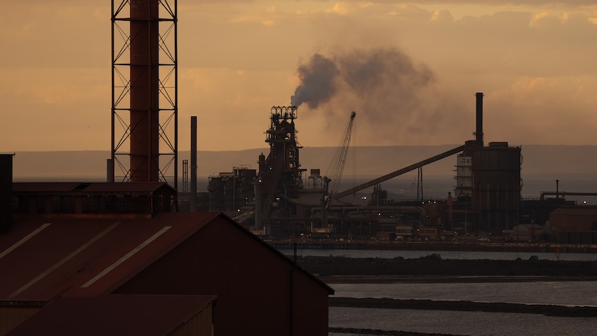 A close up view of a smoke stack at the Whyalla steelworks, taken at sunset