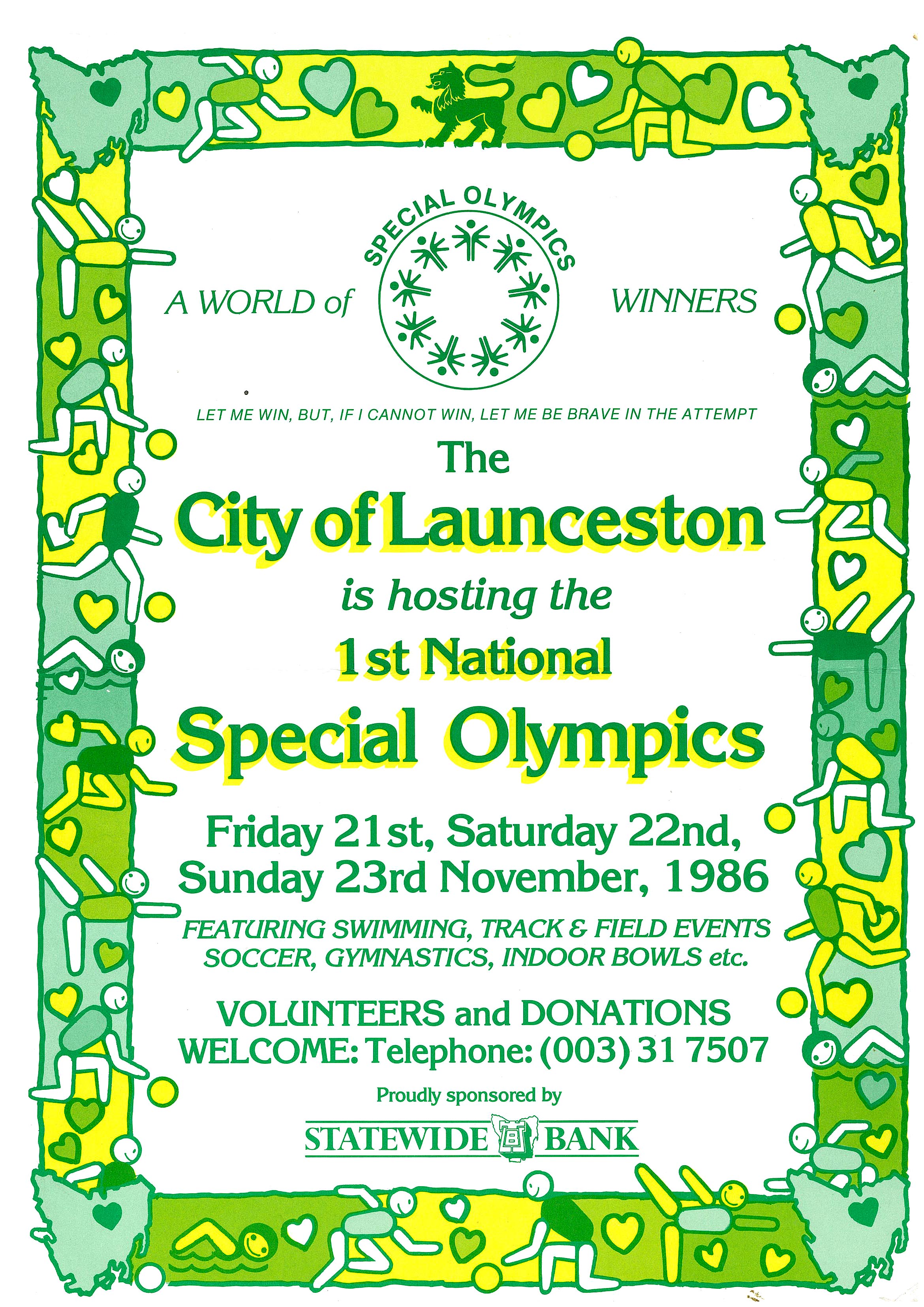 A poster to promote the first National Special Olympics Games that were held in Launceston in 1986.