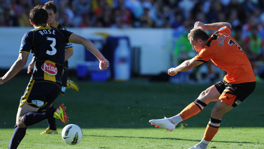Brisbane Roar striker Besart Berisha scores against Central Coast in February 2012.