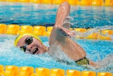 An Australian female swimmer in a 400m freestyle heat at the Tokyo Olympics.