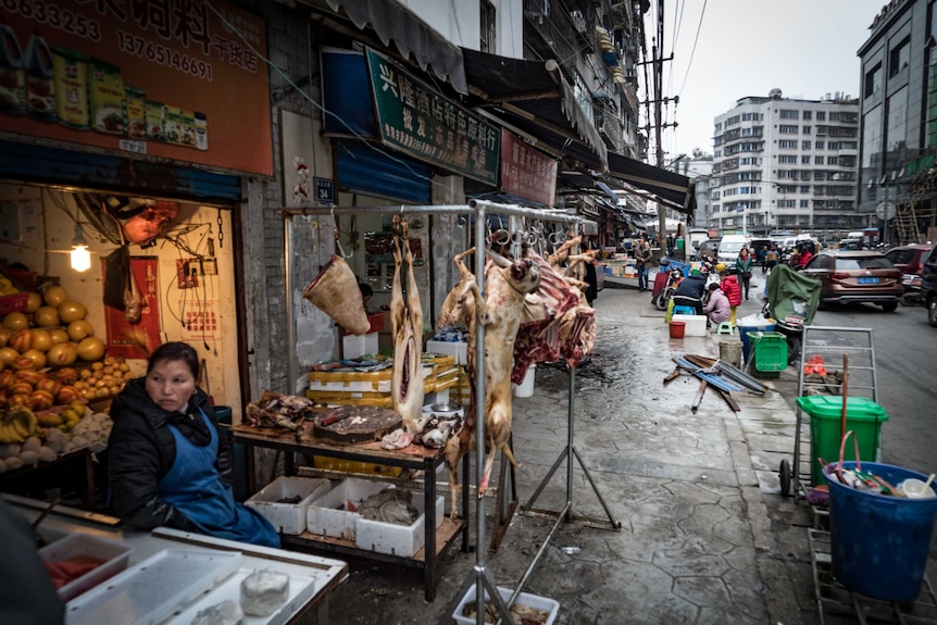 Chinese street scene with dog meat for sale