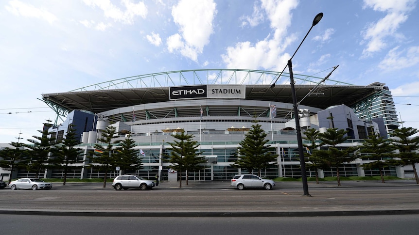 Photo of the outside of Docklands Stadium in Melbourne