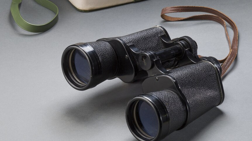 Set of Yashica 10 x 50 binoculars and Tasco case, 1960s. On loan from Jane Hutchinson.