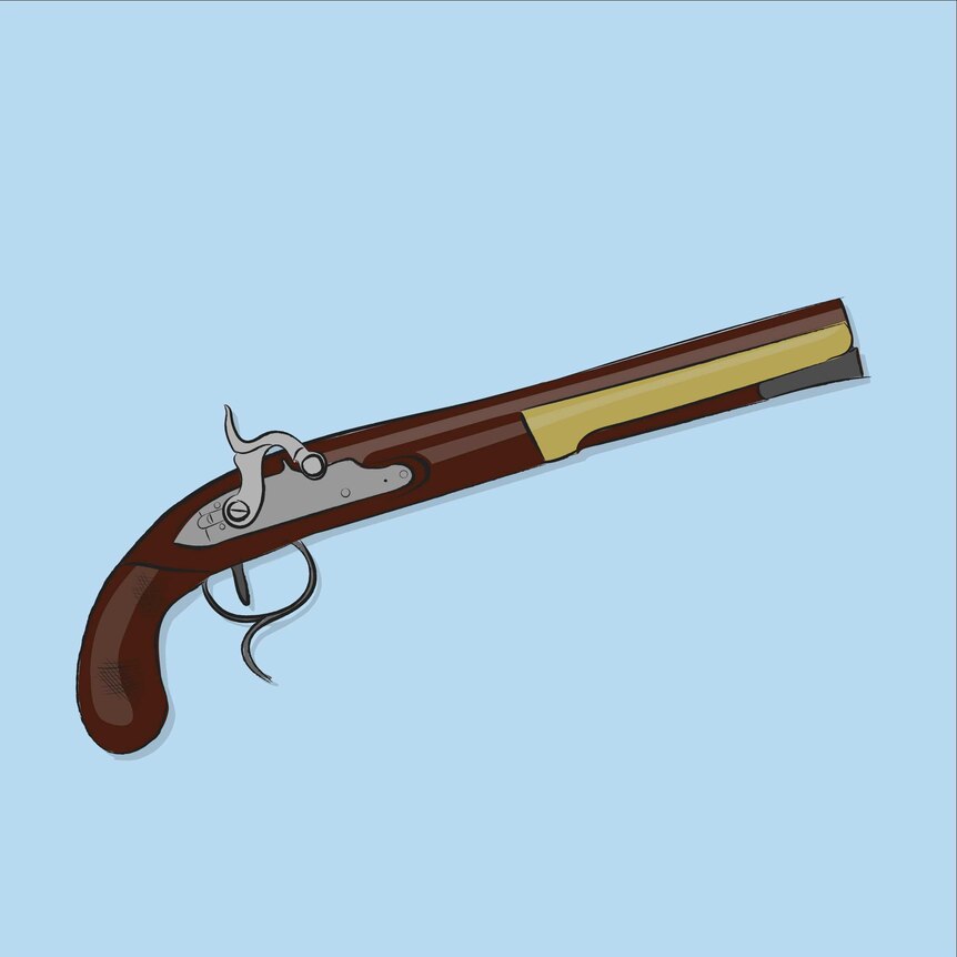 A drawing of an old fashioned pistol on a light blue background