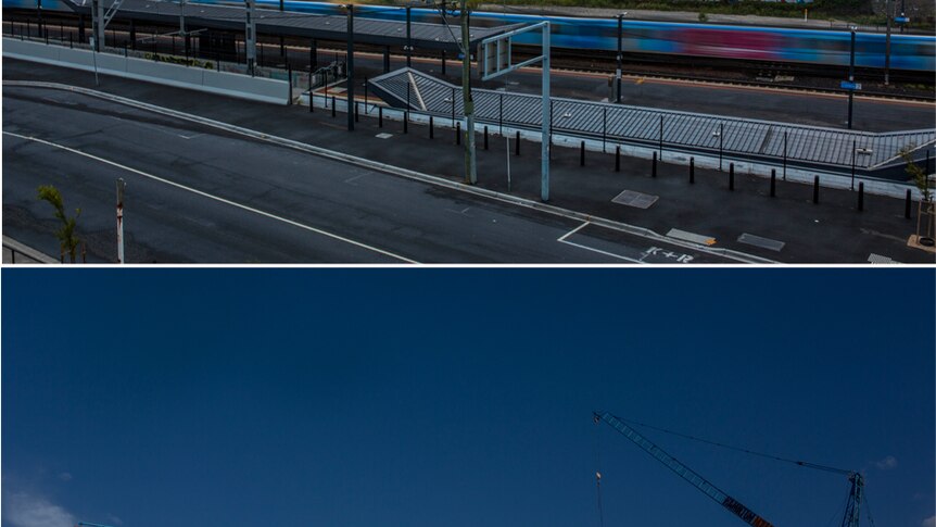 Two images, one of Melbourne city views from Footscray along with a photo of apartments under construction.