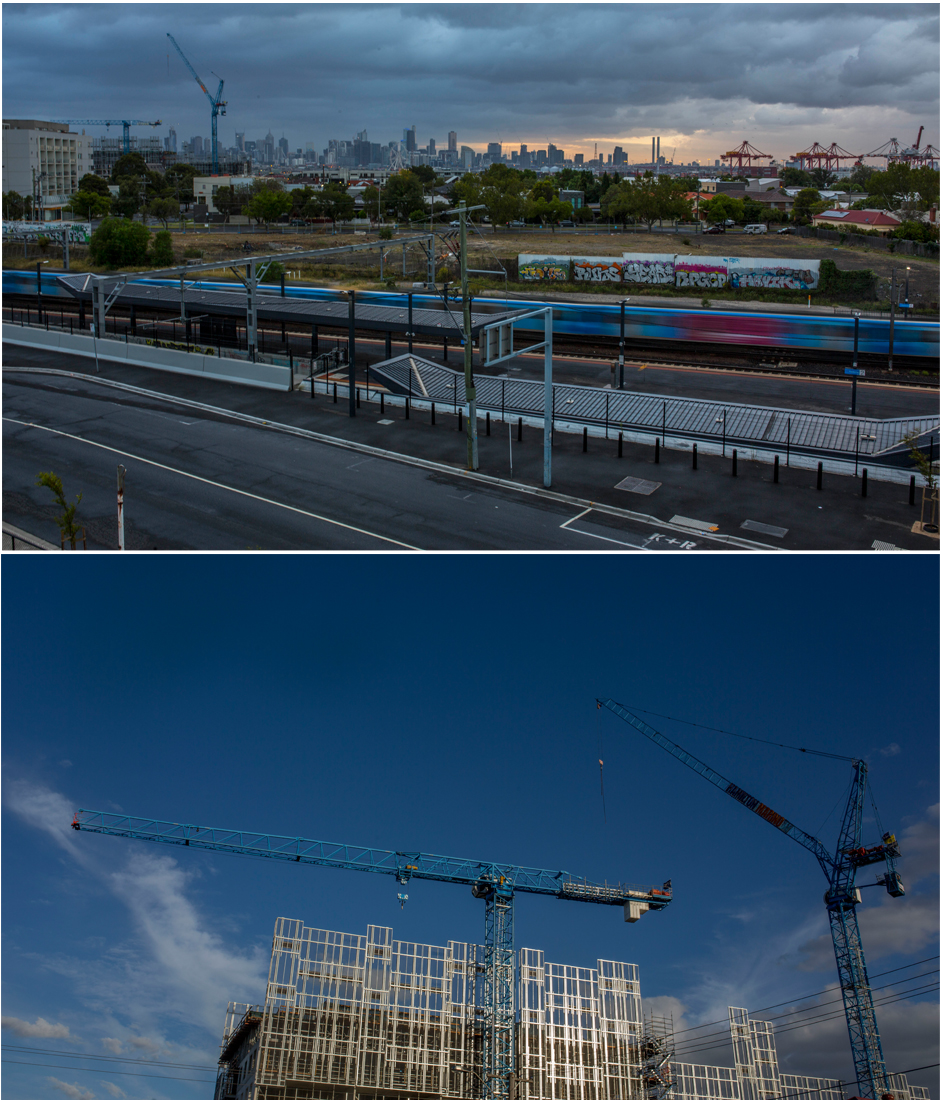 Two images, one of Melbourne city views from Footscray along with a photo of apartments under construction.