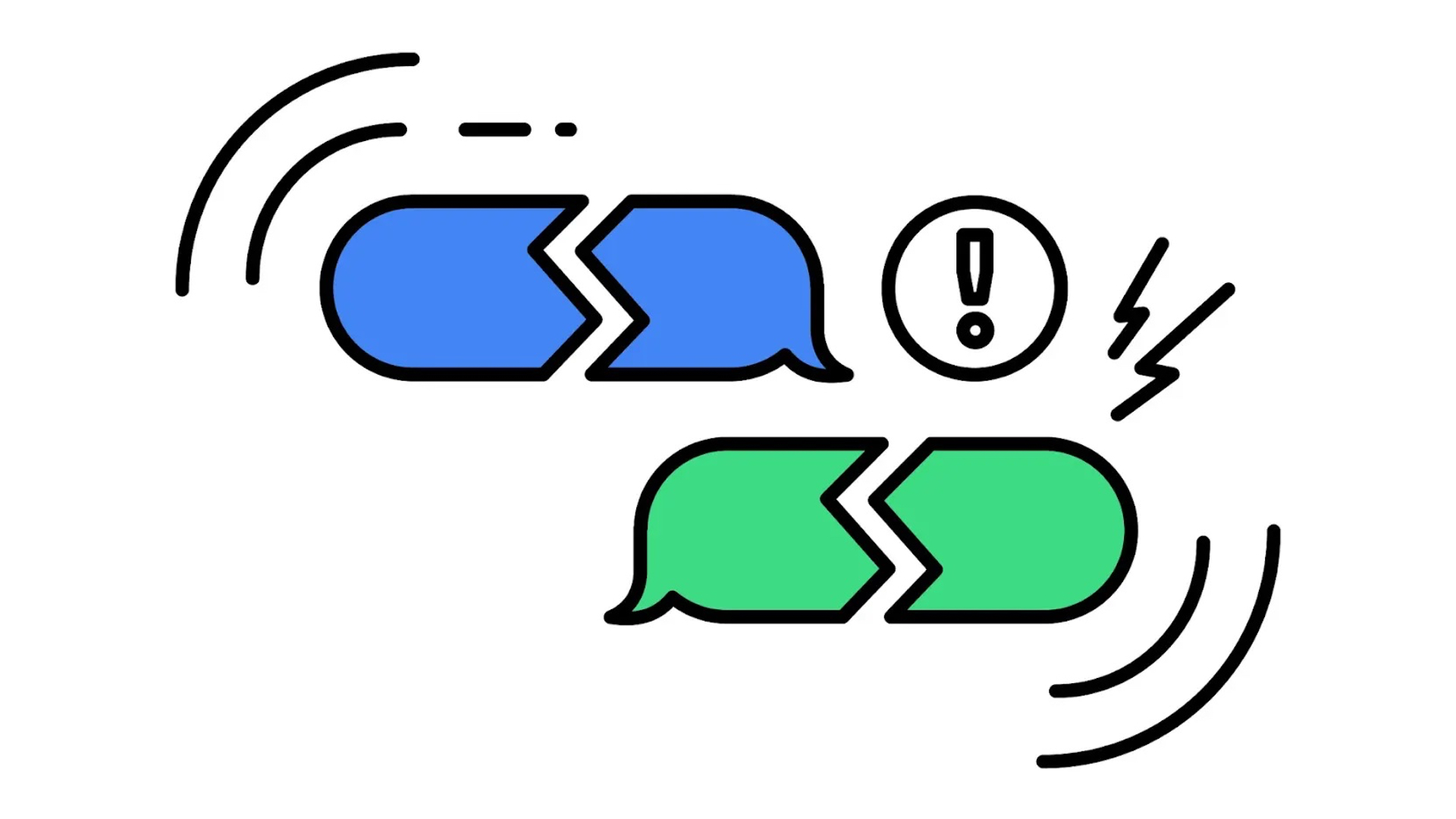 一幅文字信息气泡的图画，一个绿色，一个蓝色，两个都在中间断开