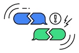A drawing of text message bubbles, one green and one blue, both are broken in the middle for effect