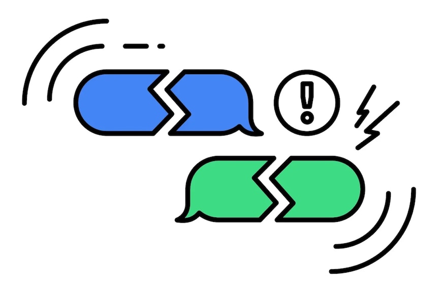 一幅文字信息气泡的图画，一个绿色，一个蓝色，两个都在中间断开