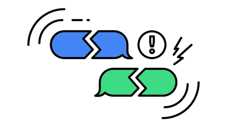 A drawing of text message bubbles, one green and one blue, both are broken in the middle for effect