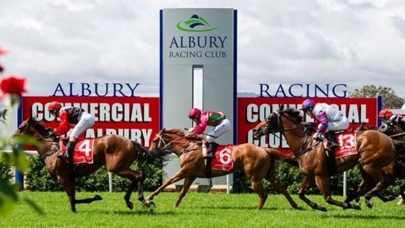 image of three horses ridden by jockeys crossing finish line at albury racing club