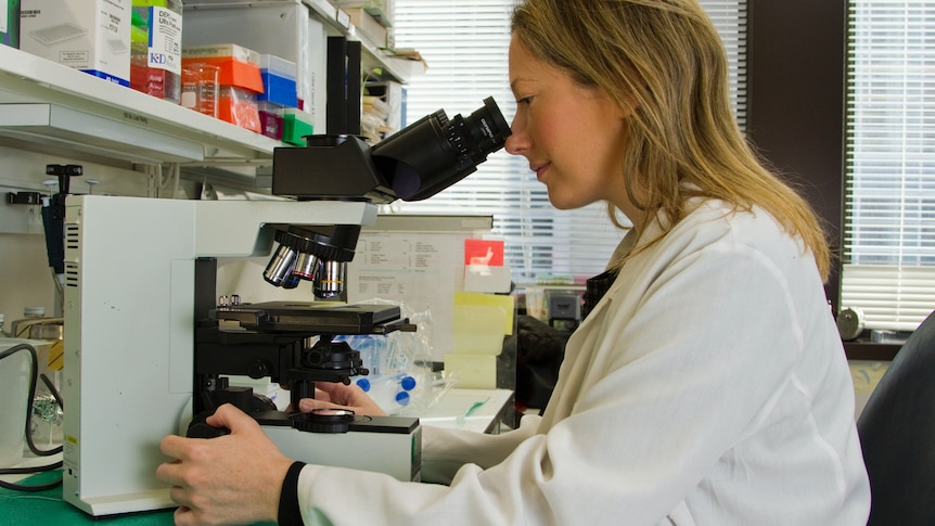 Woman wearing white lab coat looking into microscope