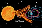 diagram of the sum spewing gas at the earth. very dramatic bright colours on a black star filled backdrop.