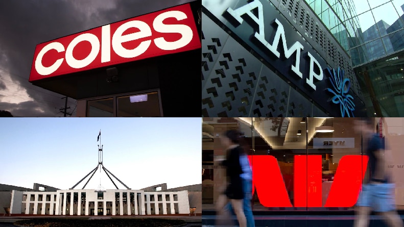 Composite of Westpac, Coles, AMP and Parliament House