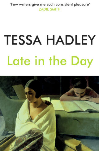 A white and green book cover featuring an art deco painting of two woman sitting on the ground, one reading a book.
