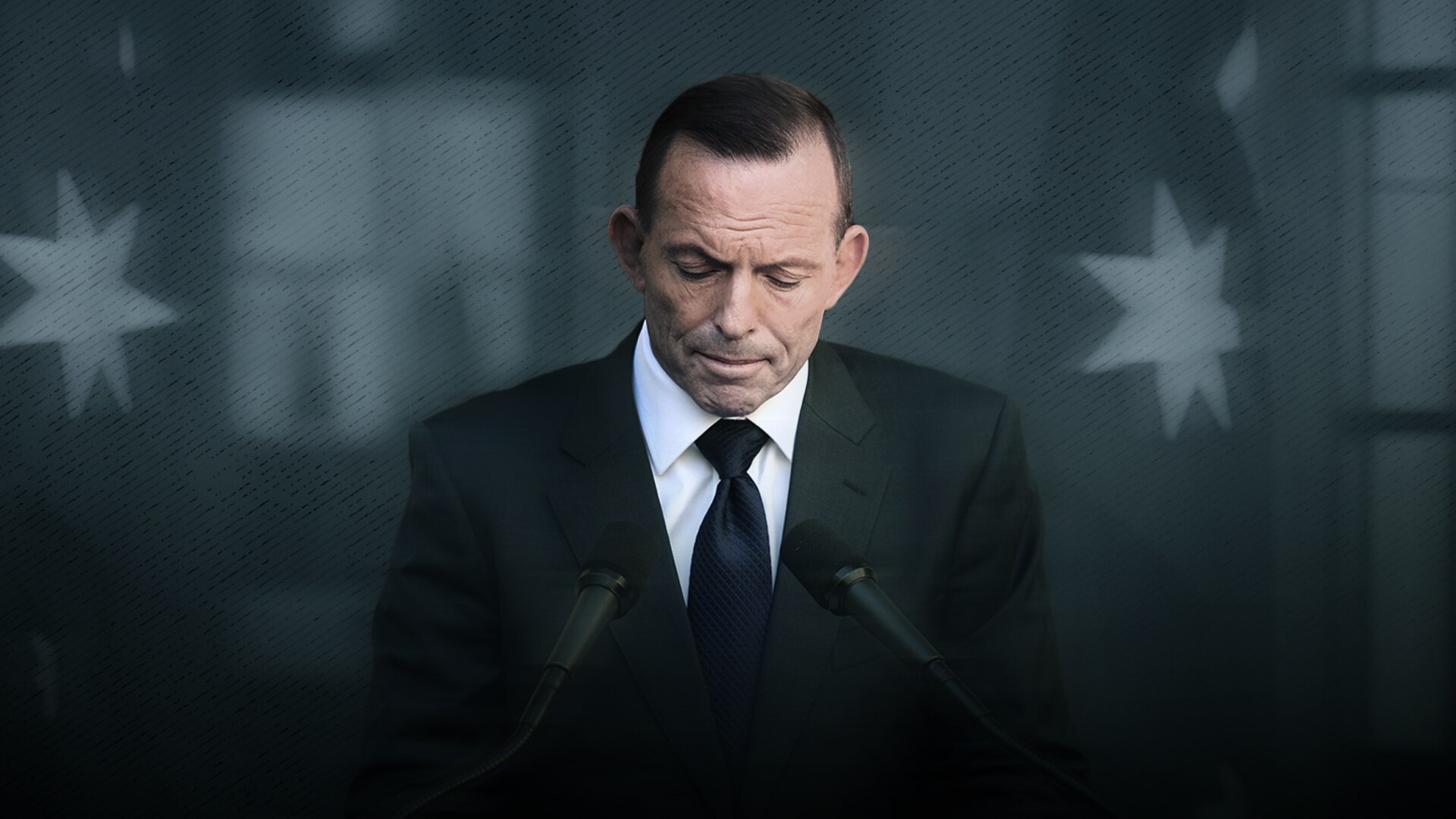 A designed image of Abbott looking downcast during a press conference in front of Australian flags.