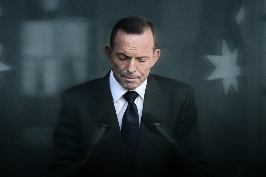 A designed image of Abbott looking downcast during a press conference in front of Australian flags.