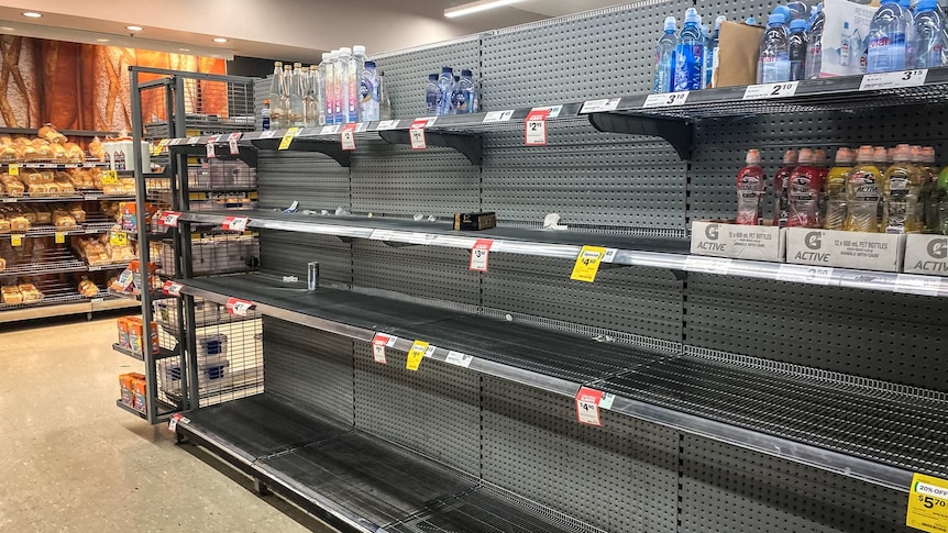 Empty shelves at a supermarket.