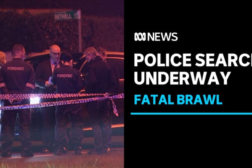 Police Search Underway, Fatal Brawl: Police offiers consult at a nighttime crime scene.