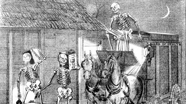 Cartoon of skeletons holding boxes marked with typhoid.