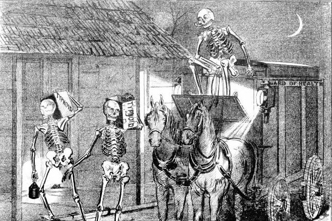 A cartoon of skeletons carrying boxes marked typhoid.
