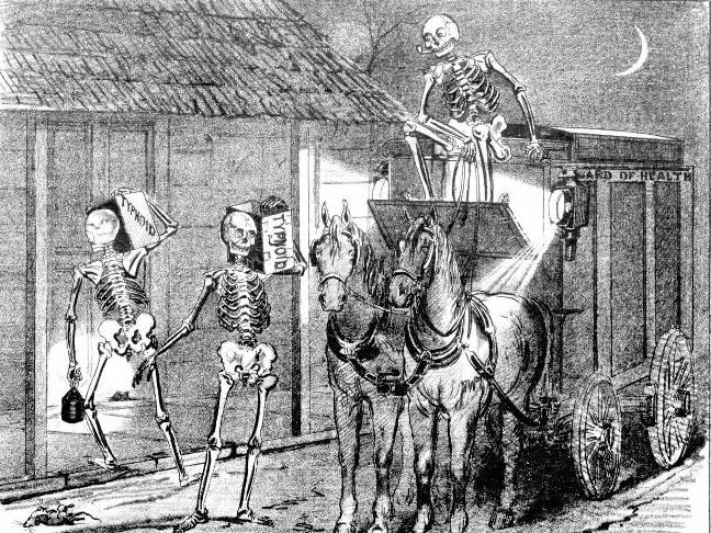 A cartoon of skeletons carrying boxes marked typhoid.