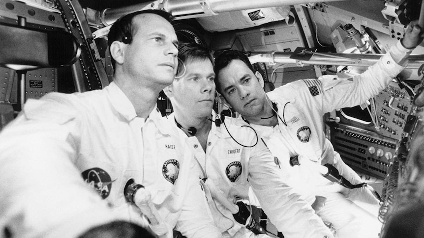 A photo of Bill Paxton, Kevin Bacon and Tom Hanks playing astronauts in the 1995 film Apollo 13