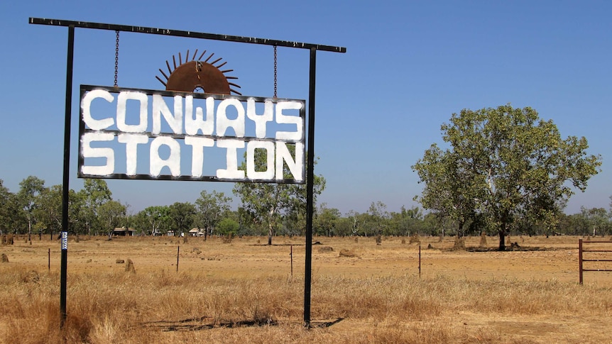 a sign for Conways Station with a tree to the right.