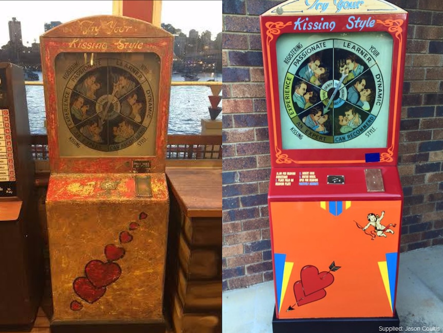 A composite image of the 'Try Your Kissing Style' arcade machine before and after restoration.