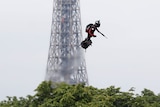 Franky Zapata on a flyboard in front of the Eiffel Tower.