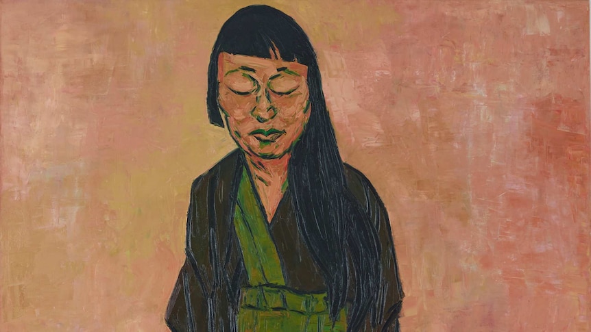 A painting of artist Lindy Lee meditating with crossed legs in a green robe, apparently floating on a peach-coloured background.