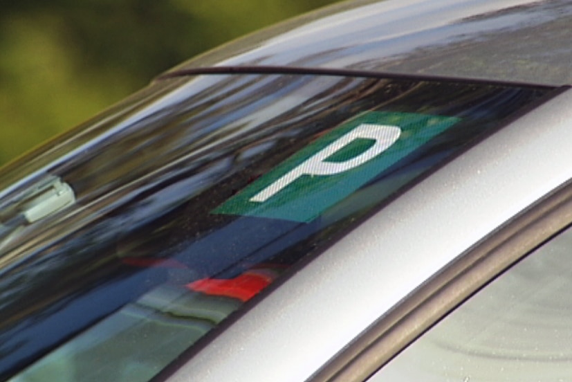 A close up of a P plate on a car windscreen