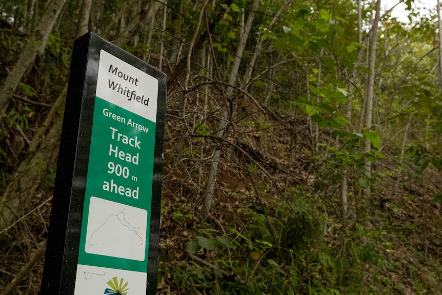 A sign marking the start of a walking trail with tropical plants in the background