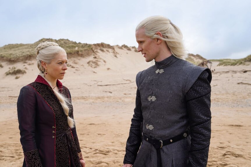 Characters Rhaenyra and Daemon Targaryen in a still image from HBO's House of the Dragon.