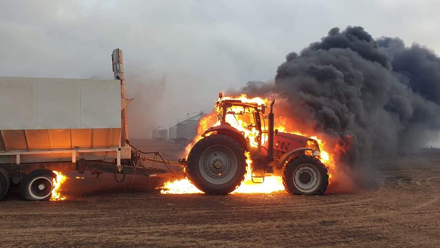 A tractor and its trailer burning near Yorketown on South Australia's Lower Yorke Peninsula.