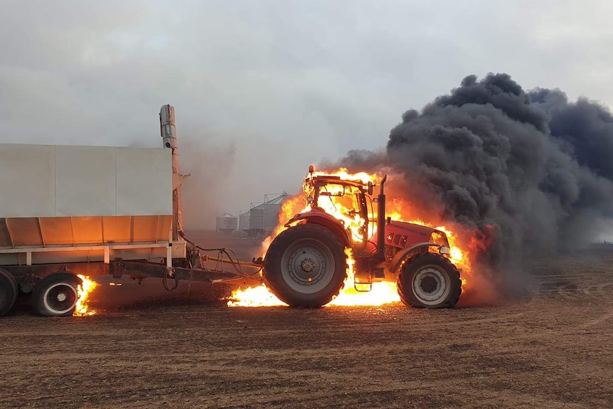 A tractor and its trailer burning near Yorketown on South Australia's Lower Yorke Peninsula.