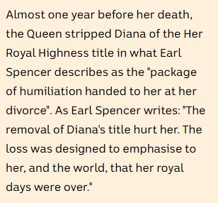 Earl Spencer writes "the removal of Diana's title hurt her" and it was part of the package to "humiliate her".