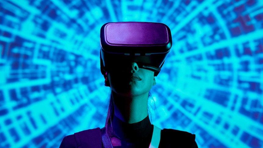 A woman with a VR headset on looks to the sky, while behind her is a glowing blue futuristic background