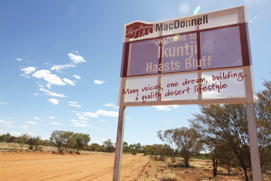 Sign at entrance road to Haasts Bluff community, NT.