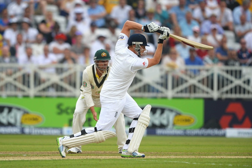 Jonny Bairstow drives for four on day one of the first Ashes Test