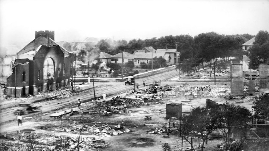 Part of Greenwood District burned in race riots in Tulsa, Oklahoma in 1921.