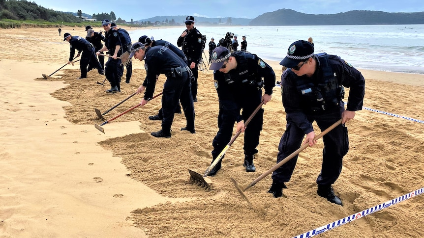 Police scouring a beach with rakes