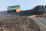 A Green Hills State Forest sign with burnt pine plantation in the background.