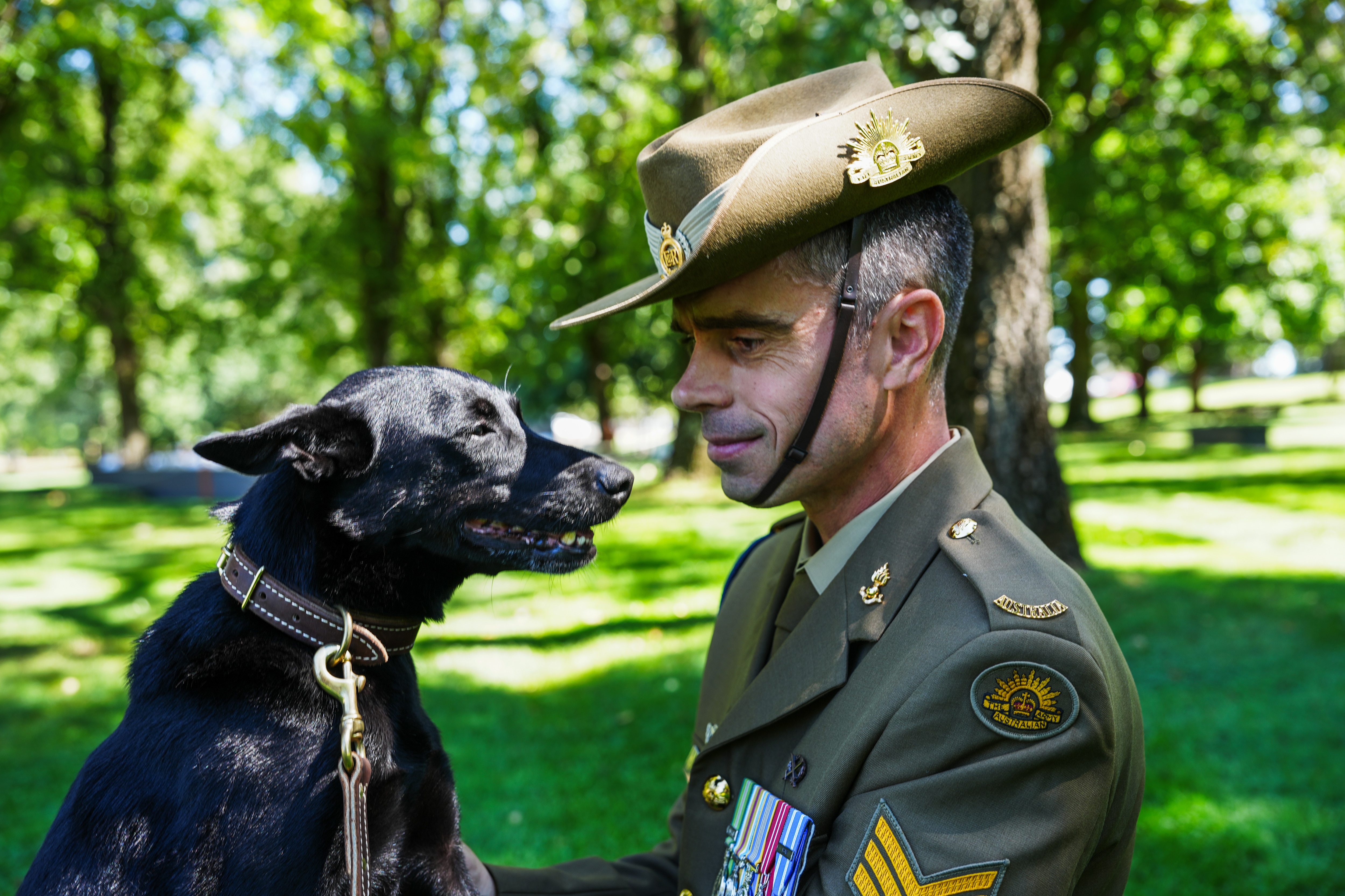Un soldado con un perro negro.