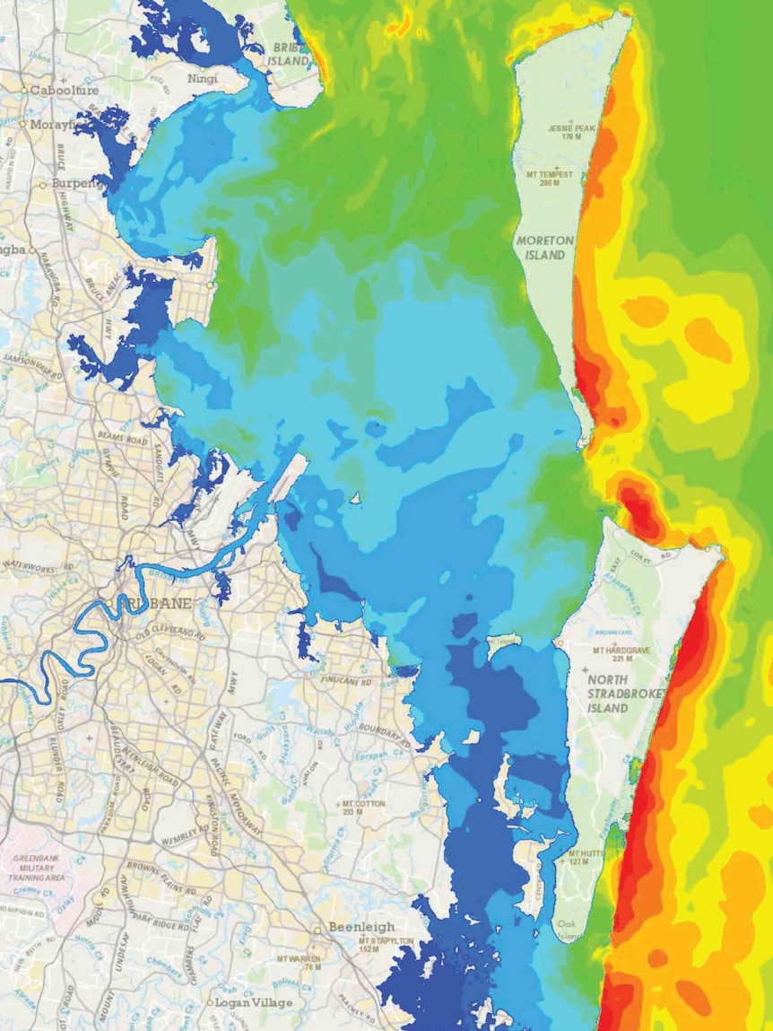 Map of Moreton Bay showing one-in-10,000 year tsunami