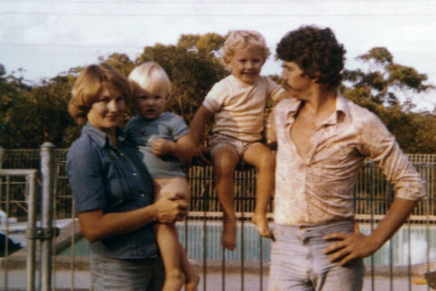 A 1970s photograph of Joel and Nash Edgerton as toddlers with their parents, Marianne and Michael.