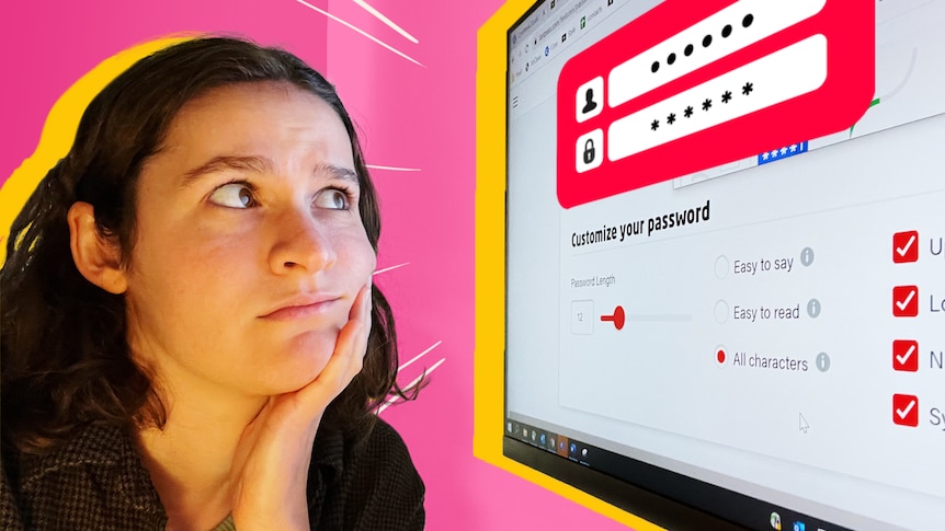 The author Rachel Rasker, who has short dark hair, looks confused at a computer screen asking her to customise her password.