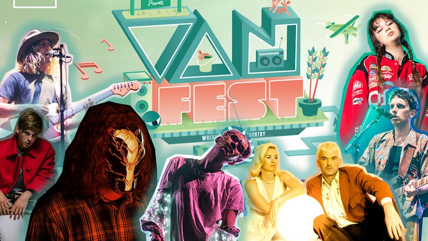A collage of Vanfest 2019 artists: Skegss, Ruel, Golden Features, PNAU, Broods, Methyl Ethel, Mallrat