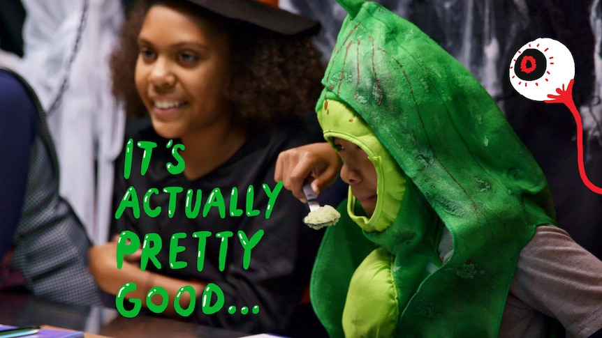 Boy in a pea pod costume, text overlay reads "It's actually pretty good"